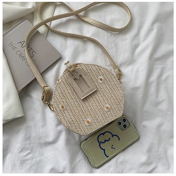 Daisy Flower Embroidered Round Straw Crossbody Bag in Beige - Picture 6 of 8